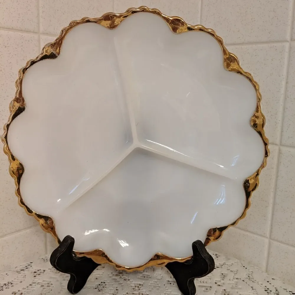 Vintage Milk Glass Divided Dish Vegetable Tray Gold Trim